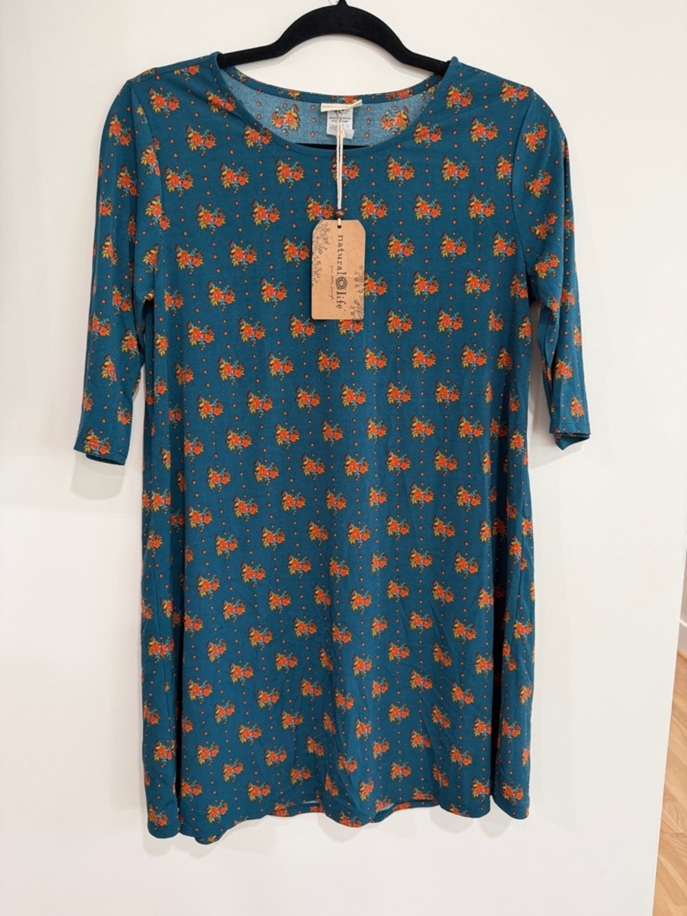 NATURAL LIFE Teal Long Sleeve Dress with Orange Floral Print
